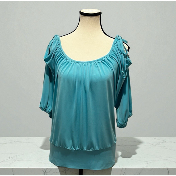 Vintage 90's Cache Light Blue Tie Shoulder 3/4 Sleeve Y2K Size Medium Wide Waist - Picture 1 of 8